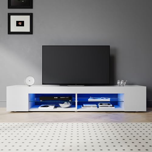 SIRHONA Meuble TV Blanc éclatant, Meuble Tele avec LED, Éclairage LED RGB avec Couleur réglable, avec Étagères Ouvertes en Verre, 160x39x30cm, Convient pour Salon ou Chambre