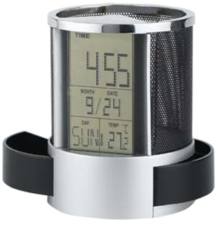 HOMSFOU Electronic Stainless Steel Mesh Pen Holder Clock and Calendar, Multifunctional Desk Organizer for Home Office, Black Time Display Pen Container Date and Clock