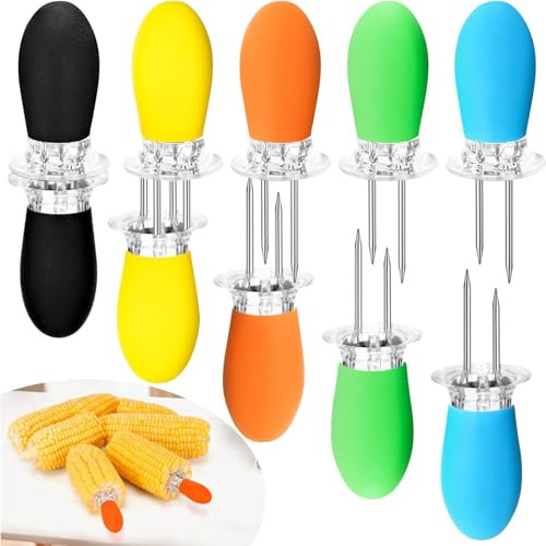 Maiskolben Spieße,10 Stück Maiskolbenhalter,Verbrühungs- und Rutschfester Silikongriff,Edelstahl Maiskolben Halter,Food Fruit Forks für Zuhause Kochen Mais Hot Dogs Barbecue 5 Farben