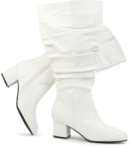 Chicblooms Botas de vestir pantorrilla extra ancha para mujer, botas holgadas de ante con tacón de bloque,PU blanco, EU 42