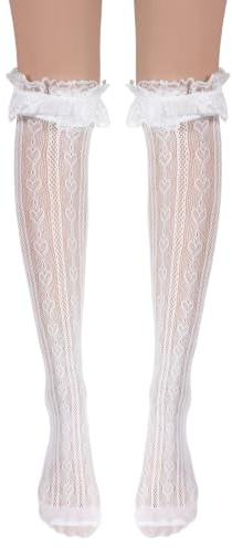 Calcetines altos de encaje hasta la rodilla, calcetines altos hasta el muslo con ribete de encaje, calcetines de cordones blancos para mujer, medias hasta la rodilla de punto corazón con puños con