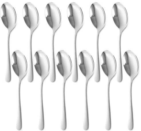 APACALI Lot de 12 cuillères de service en acier inoxydable de 25 cm, grandes cuillères de service, cuillères de service pour buffet, cuisine, restaurant, argenté