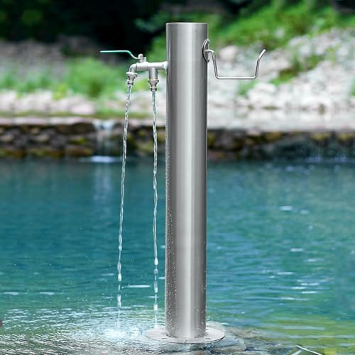 Elegant Stainless Steel Outdoor Garden Water Fountain - Freestanding Column with Hose Hanger, Floor Mounted Tap, Perfect for Enhancing Your Space and Groundwater Inlet.