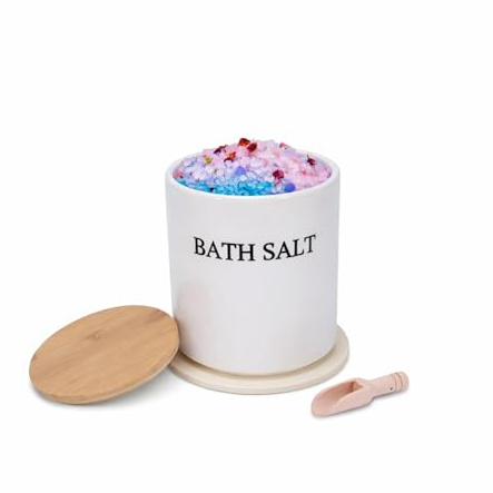 Contenitore per sali da bagno in ceramica, 1,8 l, con tappetino antiscivolo | Contenitore per sali da bagno con cucchiaio, coperchio in bambù e anello di tenuta, barattolo per sali da bagno