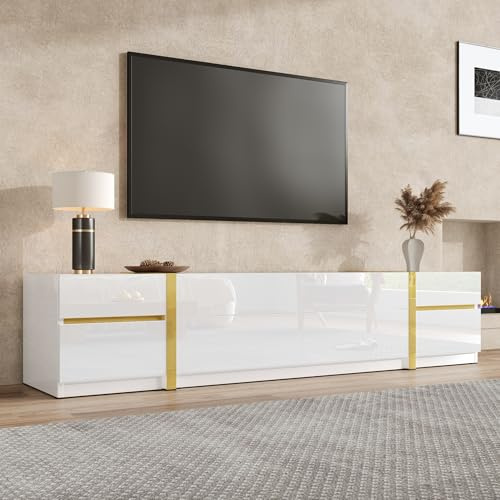 Httcg TV Schrank Lowboard für Fernseher bis zu 75 Zoll, TV Board Fernsehschrank mit Hochglanz-Finish und Goldverzierungen, Fernsehtisch Wohnzimmerschrank mit Schubladen und Türen, Weiß, 180x40x38 cm