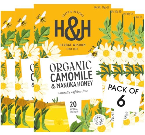 Heath & Heather - Organic Camomile with Manuka Honey • Soothing Floral Tea with Natural Sweetness • Caffeine-Free • Vegan • Multipack 6 x 20 Boxes (120 Tea Bags)