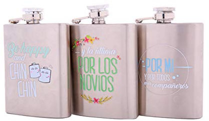 Lote de 15 Petacas Metal Frases Happy - Detalles Bodas Hombres y Mujeres muy originales para cualquier tipo de evento. Sorprende a tus invitados!