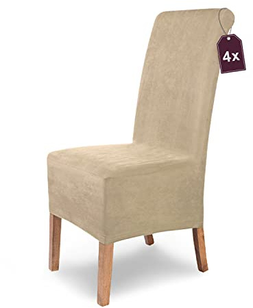 Scheffler Home Stuhlhussen Beige-Stein 4er Set Velours Stretch Leon | Elastische und waschbare Stuhlbezüge,Öko-Tex zertifiziert,für Esszimmerstühle, Hochlehner und Polsterstühle