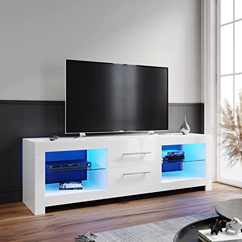 ELEGANT 1600mm Modern High Gloss White TV Stand Cabinet with LED Light for 22-65 Flat Screen 4k TVs/Living Room Bedroom Furniture TV Cabinet with Shelves and Drawers for Media Storages