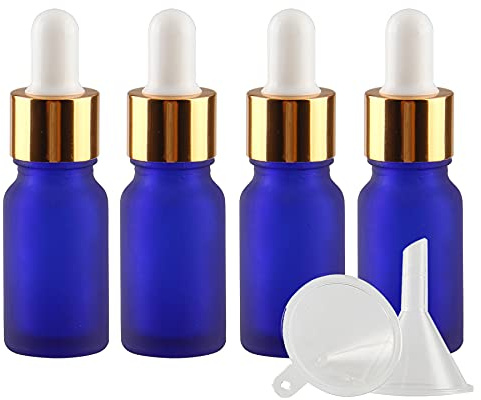 TIANZD 4 Stück 10 ml Leere Matt Blau glasflasche Tropfflasche Pipettenflaschen mit Glaspipette, 10ml Glasflasche mit Tropfpipette mit Gold Schraubverschluss für ätherische Öle, Parfüm Öle