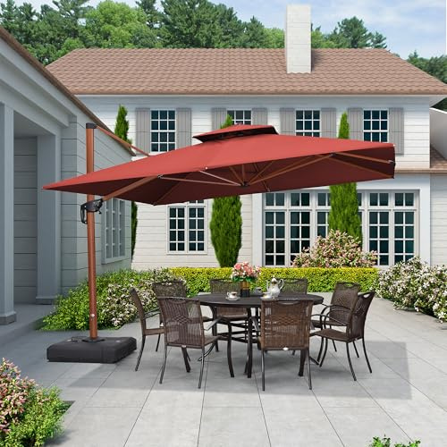 PURPLE LEAF Alu Sonnenschirm Groß Ampelschirm 330 x 330 cm Holzoptik Doppeldach Gartenschirm mit Kurbel 360°Drehbar XXL, Sonnenschutz UV50+, Bordeaux