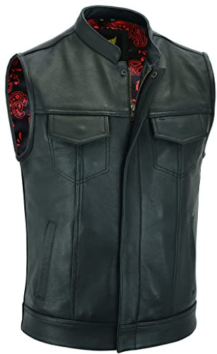 Leatherick Groove Club Gilet Pelle Uomo - Fodera In Raso Paisley Tradizionale Con Cuciture Nere (IT, Numero, 62, Regular, Regular)