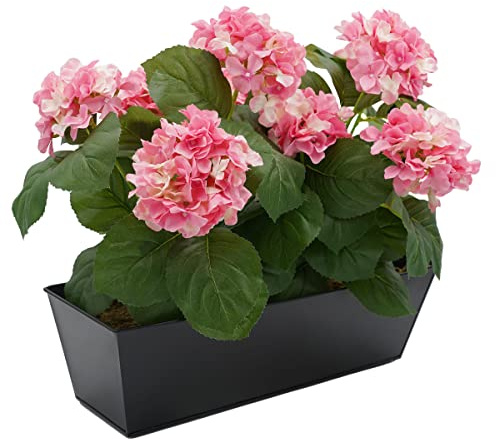 GreenBrokers Artificial Pink Hydrangea Flower Bush in Black Tin Window Box (45cm) with Nine Flower Clusters for Home or Outdoor Living