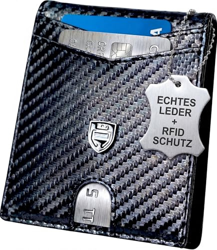 ALISSANTI Premium Leder Slim Wallet für Herren - Ohne Münzfach - 11 Kartenfächer - Geldklammer - RFID-Schutz - Portemonnaie - Geldbörse - Brieftasche - German Design - Carbon Schwarz