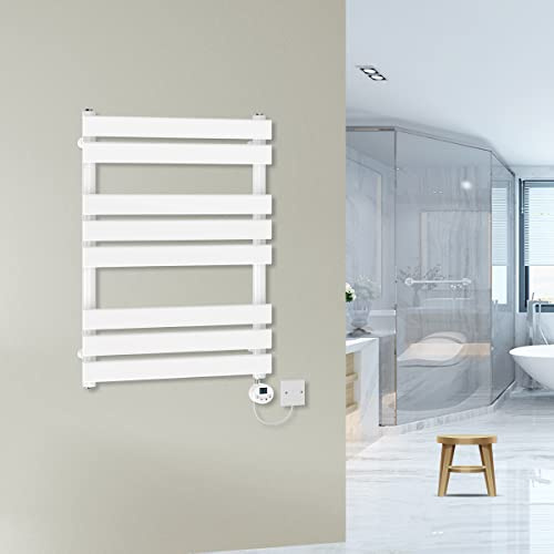 Warmehaus Prefilled 800x600mm Flat Electric Heated Towel Rail White 400W | Thermostatic Bathroom Radiator, LCD Display, Timer, T Piece, Wall Mounted