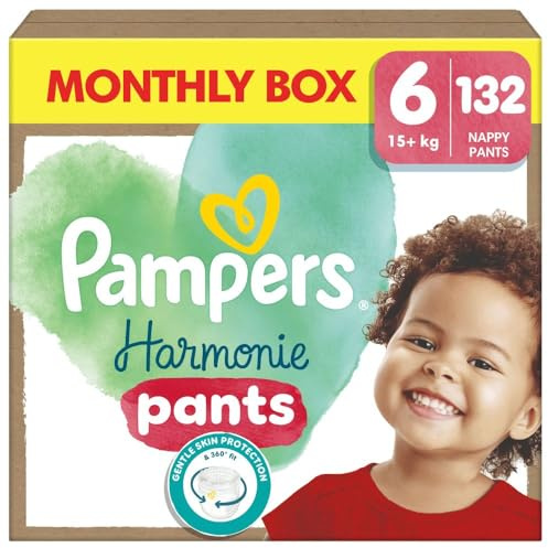 Pampers Harmoni blöjor trosor storlek 6 (15+ kg), 132 blöjor - babytrosor, förpackning 1 månad, 100 % Pampers absorption och ingredienser av vegetabiliskt ursprung, allergivänliga, nu med fler trosor