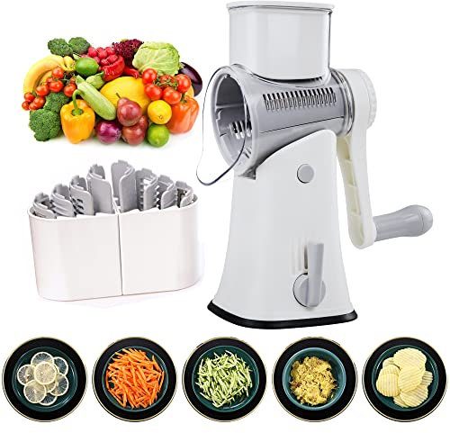 BenRich Rotary Cheese Grater, 5 in 1 Vegetable Slicer Shredder Dicer with Handle 5 Interchangeable Blades, Rotary Round Shredder for Kitchen, Cucumber, Carrot, Potato, Cheese, Nuts (White)