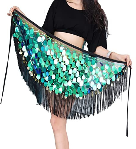 Baisdan Belly Dance Hip Scarf with Sequin Tassels, Sparkly Sequin Fringe Skirt for Women, Festival Outfit, Rave Performance Accessory Green