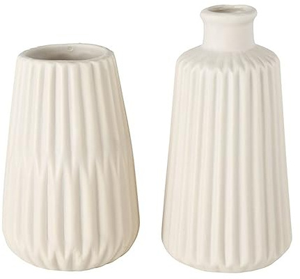Deko Vase im 2er Set aus Keramik Mattes Design mit Rillen Höhe 18 cm Blumenvase Tischdekoration - Beige