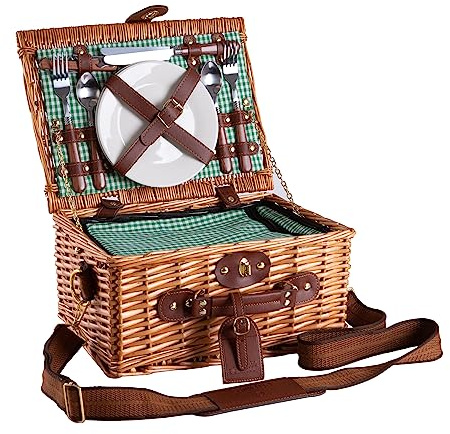eGenuss Picknickkorb 2 Personen Grün mit Kühlfach & Schultergurt – Picknick Set Naturweide inkl. Teller Gläser Besteck – Picknicktasche 2 Personen Geschenk