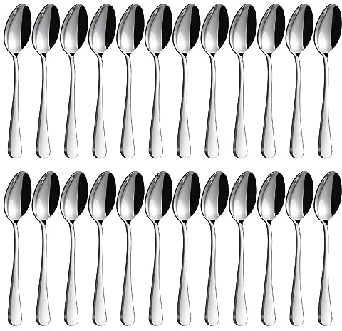 BEWOS 24 Pieces Silver Dessert Spoons, 8 Inch (20.3 Cm) Spoon Set, Stainless Steel Soup Spoons, Mirror Polished Spoons, Dishwasher Safe, Silver Table Spoons for Home, Kitchen or Restaurant