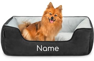 lionto Lit pour Chien 2-en-1 avec entrée Confortable, Couchage Douillet réversible pour Chiens et Chats, 80x60 cm, Coussin pour Chien en suédine Facile d'entretien, Noir/Gris (avec nom imprimé)