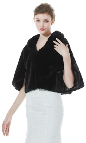 SUFCOMOU Faux Fur Shawl Wrap for Wedding Bolero Winter Cape Coat Cardigan with Dolman Sleeve (Black,Normal Size)