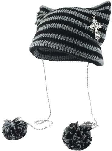 Y2k Mützen gehäkelte gestrickte Katzenhüte gotische Kreuz Teufelshüte gestreift Alt Emo Zubehör Grunge Y2k ästhetische Kleidung