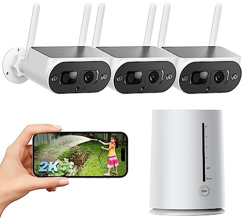 Camcamp Solar Home Security Camera System, 2K Solar Videocamera di sorveglianza senza fili per esterni con pannello solare integrato, kit a 3 cam, talco a 2 vie, spotlight, archiviazione locale