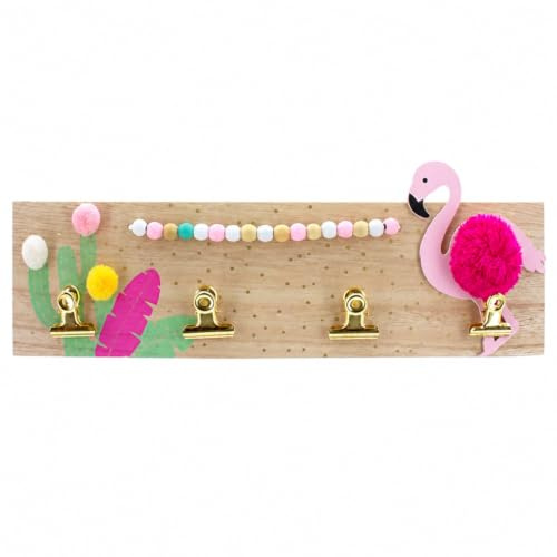 MIJOMA Memo-Board: Foto- und Zettelhalter aus Holz mit Flamingo-Motiv, Mini-Pinwand inklusive 4 Foto-Clips und süßen Pom Poms, Perfekt als stylisches Wand-Dekor - ca. 35 x 9,5 x 3,5cm