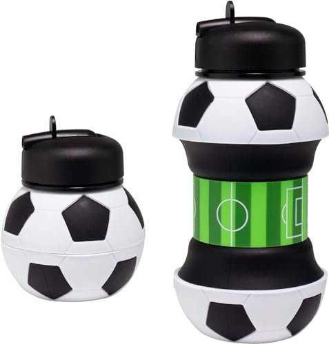 Shalwinn Borraccia Silicone Calcio con Moschettone per Bambini e Adulti, Pieghevole, Senza BPA, Lavabile in Lavastoviglie,Molto Resistente - 550 ml (Calcio)