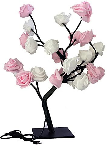 TITA-DONG Rosenbaum-Lampe, Rosa Rosenblüten-Nachtlicht, 24 Warmweiße LED-Lichter, USB-betriebene Nachttisch-Nachttischlampe mit Berührungsschalter, Perfekt für(Rosa Weiß)