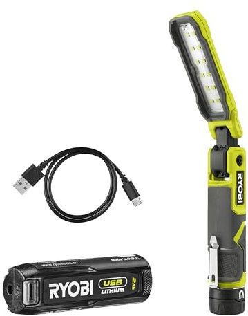 RYOBI 4 V USB-LITHIUM Akku-Stableuchte RLI4-120G, klappbar, 650 Lumen, inkl. 1 x 4 V 2,0 Ah Lithium Akku und Ladegerät