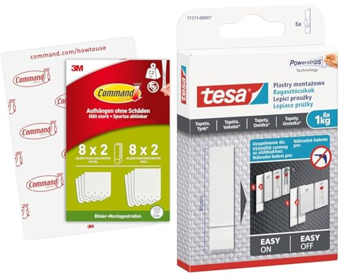Command Bilder-Montagestreifen & tesa Powerstrips Tapete&Putz - doppelseitige Klebestreifen für Tapete und Gips - Ersatz-Klebestreifen für den tesa® Klebenagel - Haltekraft 1