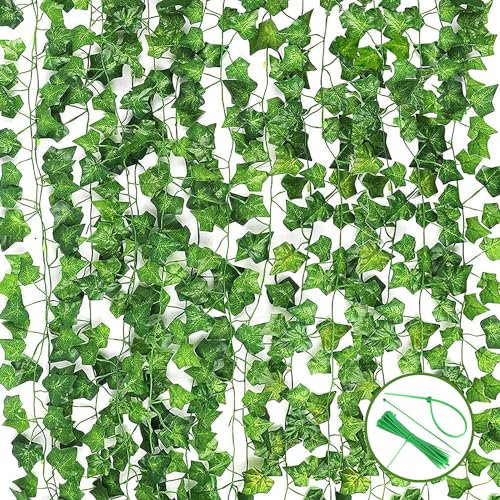 Yolistar 12 Stück Künstliche Efeu Girlanden 2.1m,mit Nylon Kabelbinder,Kunstpflanze Hängend,Ranke für Hochzeit,Party,Halloween Dekoration,Zimmer,Wand,Balkon,Garten,Terrasse,Wohnung usw Deko