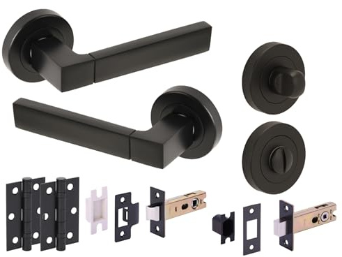 Hunta HANDLEZONE® Luxa Door Handles on Rose Bathroom Deadbolt Pack, 76mm Lock and Latch, 75mm Ball Bearing Hinges - Black Matt