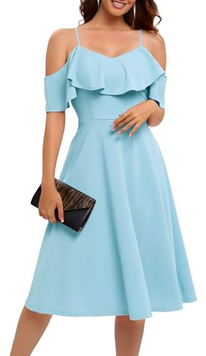 Bbonlinedress Vestido de Verano para Mujer, con Hombros Descubiertos, para invitada de Boda, Formal, cóctel, graduación, graduación, Regreso a casa, Vestido Midi Acampanado, Azul, Large