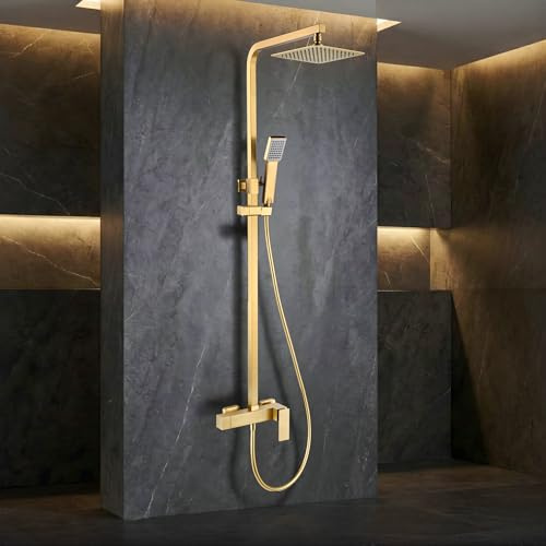 IMEX - Columna Ducha Oro Cepillado con Grifo | Conjunto de Ducha Monomando con Alcachofa y Rociador Antical | Griferia en Latón y Acero Inox S.304 con Barra Extensible | Serie Pisa