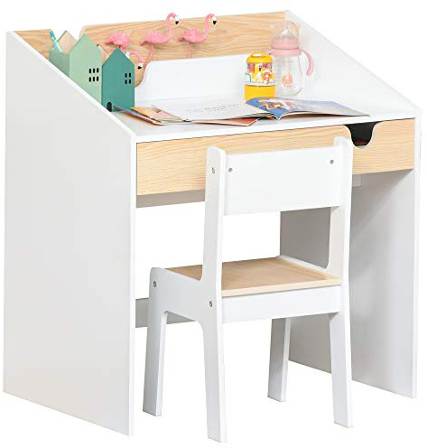 HOMCOM Escritorio para Niños con Silla 3-6 Años 2 Piezas Blanco y Natural