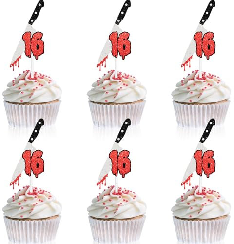 18 pieces classic horror movie themed 16th birthday happy cupcake toppers set - this is a great fright theme party or horror movie party bloody knife decoration supplies - LIANGSS