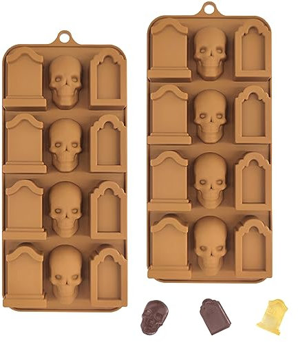 BFJ Skull Chocolate Moulds Halloween Gravestone Silicone Moulds for Ice Cube Cupcake Cake Topper Decoration Set of 2