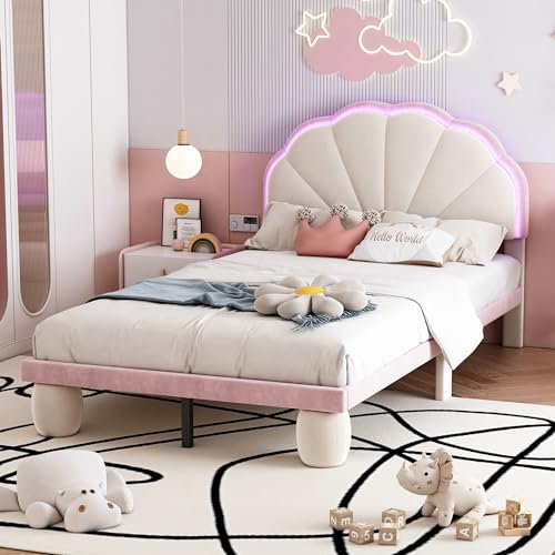 buiesjole Modernes Massivholzbett, Kinderbett Mit Mehrfarbigen Led-lichtleisten Wellenschnitt-kopfteil, Geeignet Für Schlafzimmer, Wohnung (ohne Matratze)(Color:white90*200cm)