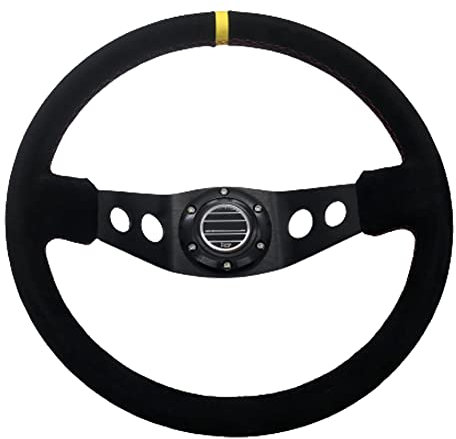 ZiYouao Sportlenkrad Universal Sport Lenkrad 350mm Deep Teller Racing Lenkrad Wildleder Aluminiumhalterung mit Hornknopf und Schraubenschlüssel Holzlenkrad