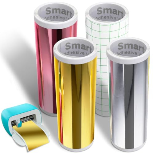 4 Rollen Smart Vinyl Permanent für Cricut Joy, Metallic Vinyl Spiegeleffekt | 14x200cm Smart Adhesive Vinyl Metallic Gold+Silber+Roségold+Transferfolie Selbstklebend & Abnehmbar für Tassen Auto Banner