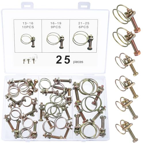 jiuxlaan 25 Pcs Double Wire Hose Clips, Adjustable Carbon Steel Hose Clamps, 13-16mm, 16-10mm, 21-25mm