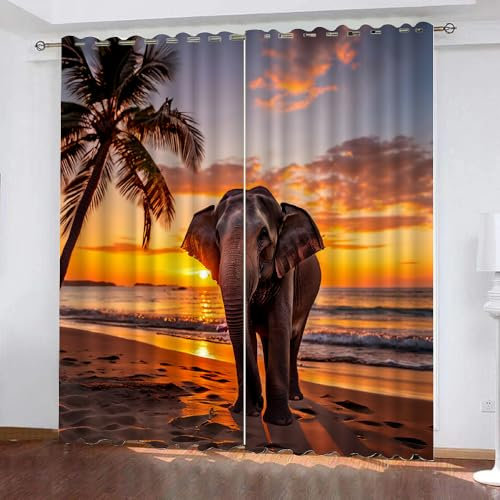 Generisch Tiere Gardinen Motiv Elefant 2 Stück H 140Cm X B 60Cm, Vorhang Blickdicht Ösen Kurz,Verdunklungsvorhänge Kinderzimmer Mädchen Jungen,Kinder Vorhang Verdunkelung Für Schlafzimmer,A17