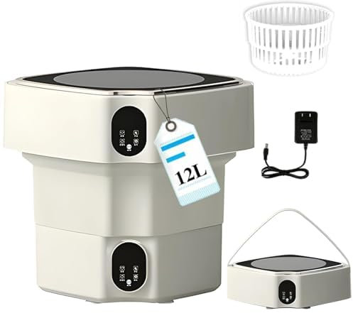 Lavatrice Portatile, Lavatrice Pieghevole da 12 Litri con centrifuga, Mini Lavatrice compatta per bucato per Appartamento, Lavanderia, Campeggio, Camper, Viaggi White
