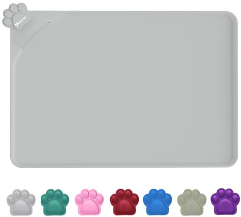 wasserdichte Napfunterlage für Hunde und Katzen, 55 x 38 cm (Grau) | Silikonmatte, rutschfeste Tierfuttermatte, wasserdichte Hunde- und Katzenplatzmatten mit erhöhten Rändern