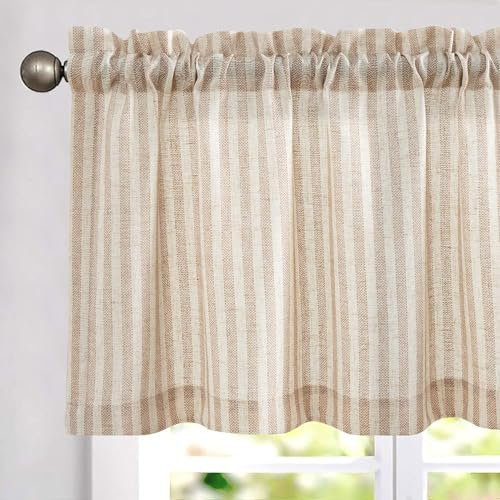 TOPICK 1 Stück H 40 x B 125 (cm) Scheibengardine modern Braun Gestreift Leinen Gardinen mit Streifen Küchenvorhang Küchengardinen für Küchen lichtdurchlässig Esszimmer Klein Fenster Braun auf Beige