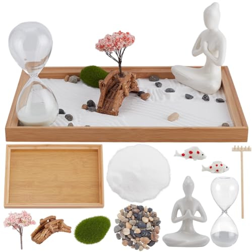 WEBEEDY Japanese Zen Garden for Desk,11 x 7.5 Mini Zen Garden Kit Desktop Sand Tray Kit with Sand Rocks Rakes Accessories for Home Office Desk Beautiful Decor Gift